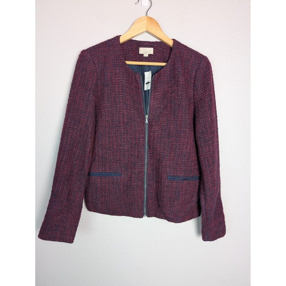 LOFT Jacket Womens 10 Red Tweed Collarless Full Zip Lined Pockets Short